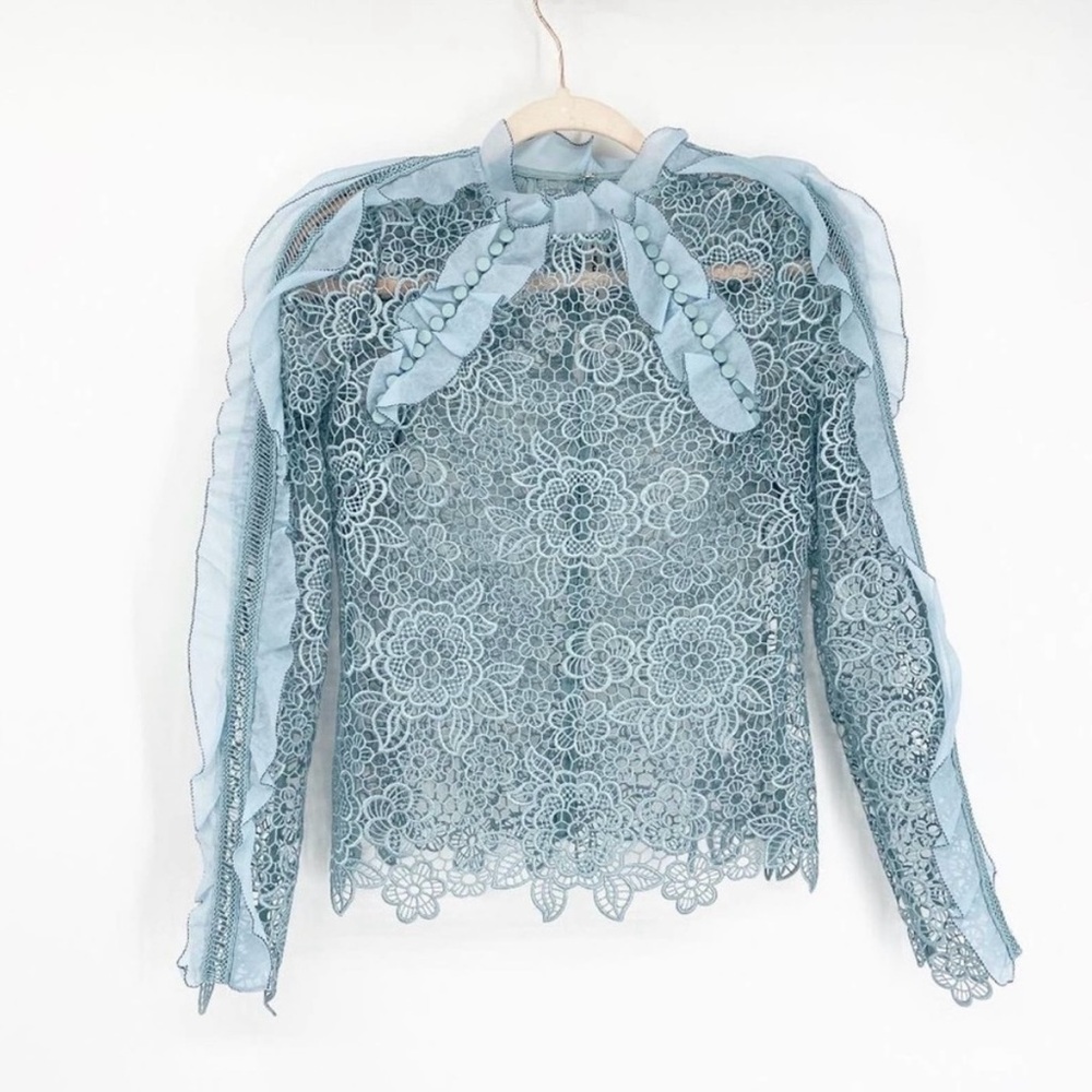 Self Portrait Blue Lace Top Icy Blue Guipure Long Sleeve